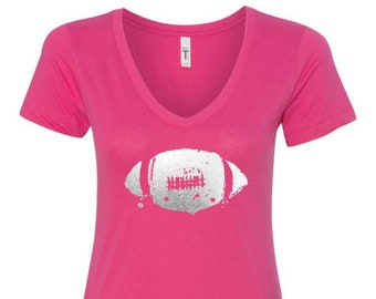 Juniors Football Tee - Juniors Graphic Tshirt, Metallic Football Shirt, Ladies V-Neck Tee in Pink, Black or Indigo