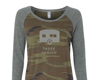 Happy Camper Camo - Womens Camping Shirt, Ladies Long Sleeve, Outdoorsy Shirt, Hunting Pullover