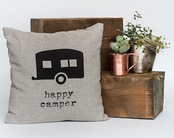 Happy Camper - Throw Pillow, Decorative Pillow, Accent Pillow - 18" X 18" In Light Flax, Light Grey Or Cream
