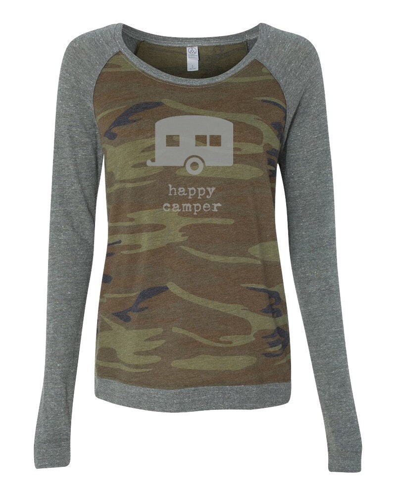Women's Happy Camper Long Sleeve Tunic Shirt - Letter Print Casual Pullover Top (Green) - View #3