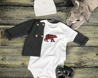 Plaid Bear - Baby Bodysuit - Nature Baby Clothes, Outdoor Baby Outfit, Baby Shower Gift