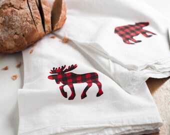 Buffalo Plaid Bear and Moose - Set of 4 Kitchen Towels, Flour Sack Towels, Cabin Gift, Camper Gift