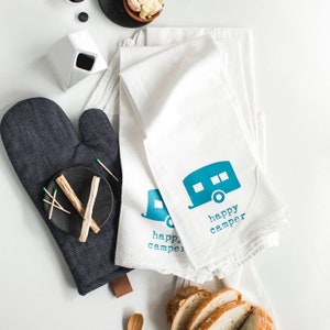 Happy Camper - Kitchen Towels, Tea Towels, Flour Sack Kitchen Towels, Foodie Gift - Set Of (4) In Aqua, Berry, Blood Orange Or Dark Grey