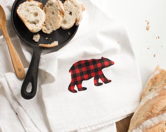 Buffalo Plaid Bear - Set of 4 Kitchen Towels, Flour Sack Towels, Cabin Gift, Camper Gift