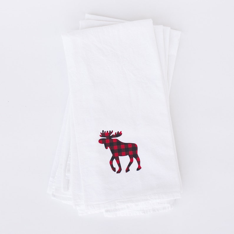 Buffalo Plaid Moose Set of 4 Kitchen Towels, Flour Sack Towels, Cabin Gift, Camper Gift image 2