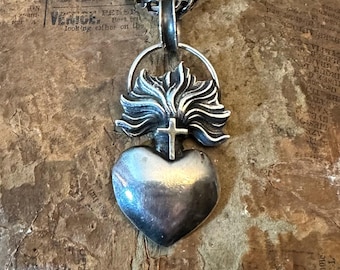Handmade Sterling Silver Sacred Heart Pendant – Oxidized Religious Jewelry