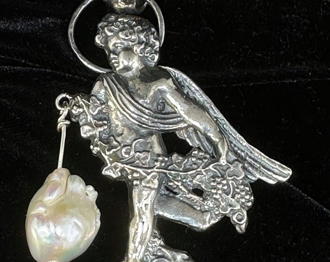 Handmade Sterling Silver Angel Pendant – Baroque Pearl Heart Relic