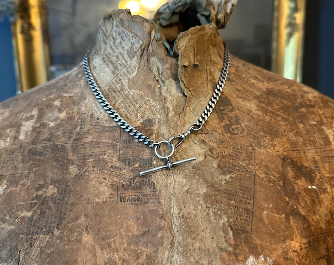 Sterling Silver Albert Chain Necklace – 5.5mm Flat Curb, Oxidised Silver T-Bar