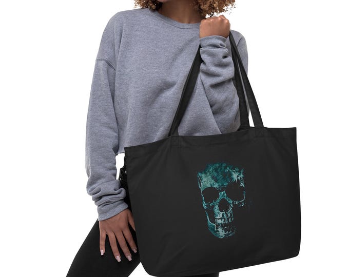 Teal Skull Black Organic Cotton Tote Bag | Gothic Streetwear