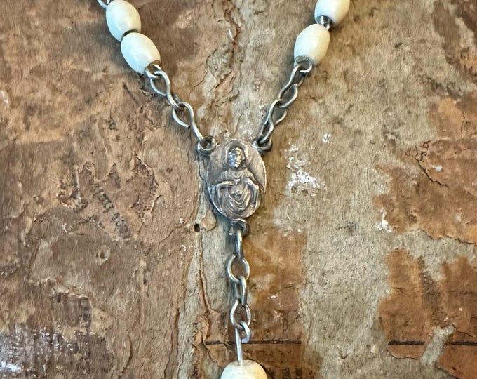 Vintage French Rosary Pendant — Ivory-Tone Beads & Silvered Crucifix