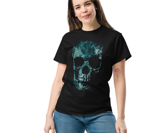 Grunge Teal Skull Shirt – Gothic Streetwear Tee, Dark Art