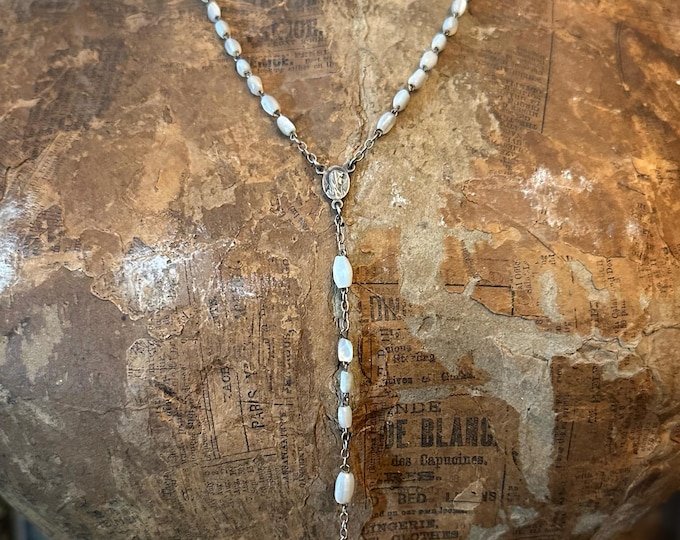 Vintage Relic Rosary — White Glass Beads & Silver colour Crucifix