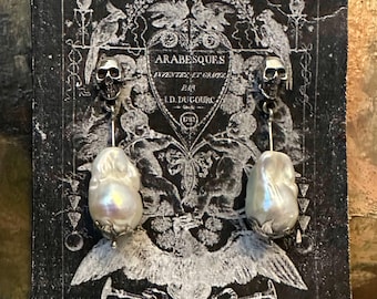 Dead Blossom Earrings – Silver Skull Studs with Baroque Pearls | Handmade in England