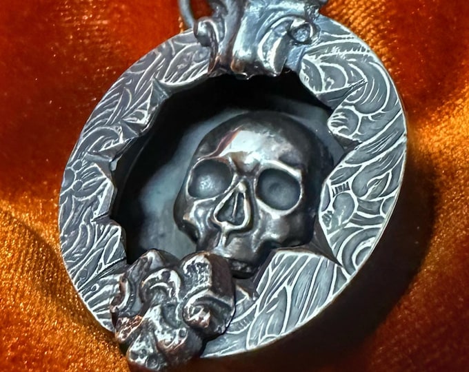 Sterling Silver Skull Pendant – Gothic Memento Mori Fob Watch Style Necklace – Handmade Artisan Jewellery – Friend or Foe