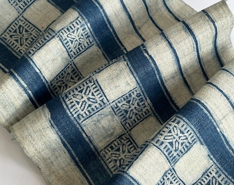Indigo Hmong Hemp Fabric: Vintage Batik Embroidered Textile