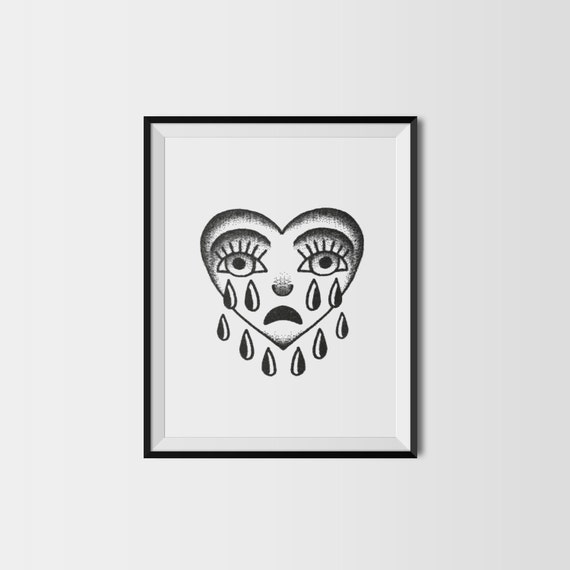 Crying Heart Tattoo Flash Design A5 Black And White Art Print Etsy
