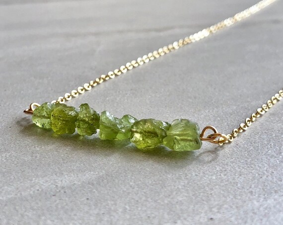 Raw Peridot Gemstone 14K Gold Bar Necklace