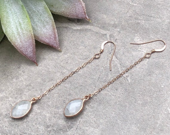 14K Rose Gold Dainty Moonstone Crystal Drop Earrings