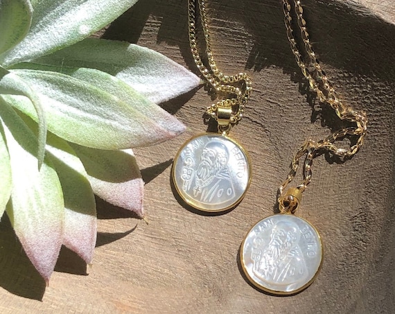 San Benito Saint Benedict Carved Shell 14K Gold Boho Necklace