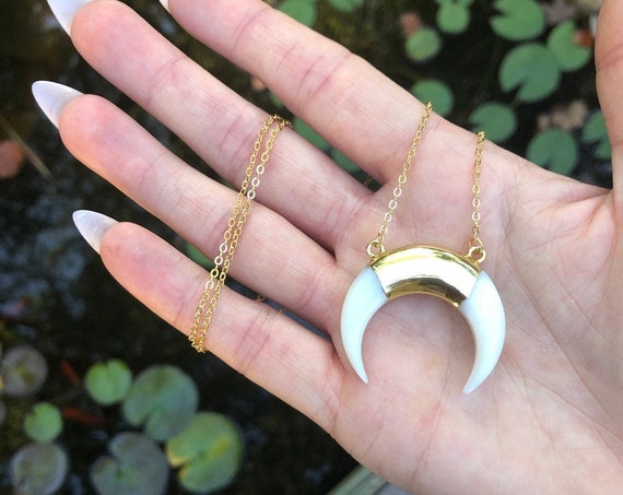 Double Horn Mother of Pearl Shell Crescent Moon 14K Gold Boho Necklace