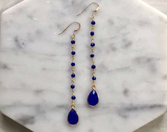 Blue Chalcedony 14K Gold Filled Rosary Chain Crystal Drop Earrings