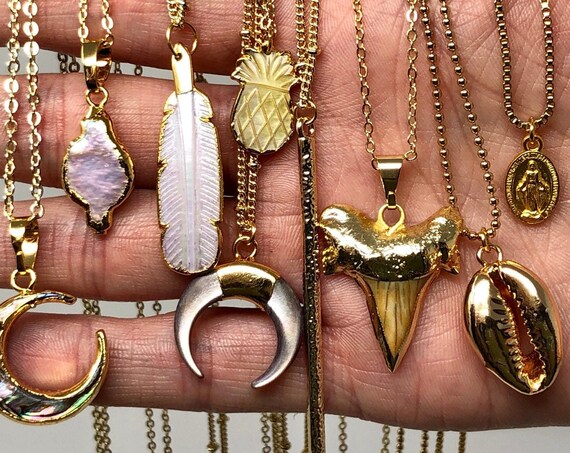Double Horn Crescent Carved Shell 14K Gold Plated Boho Necklace
