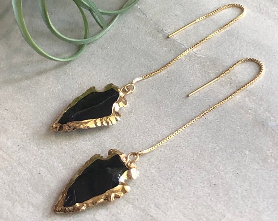 Boho Black Onyx Obsidian Natural Stone Arrowhead Gold Threader Earrings