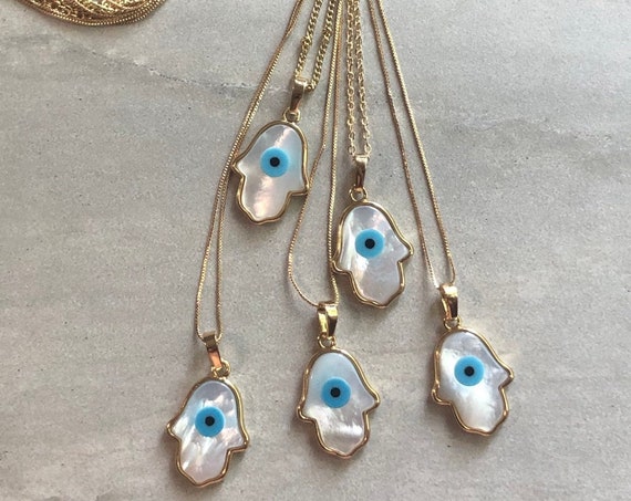 Gold Carved Shell Hamsa Evil Eye Protection Necklace