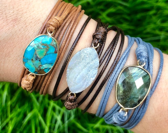 Crystal Wrap Bracelet/ Leather Wrap Bracelet/ Boho Wrap Bracelet/ Cord Wrap Bracelet/ Boho Gold Bracelet/ Chrysoprase Crystal Bracelet