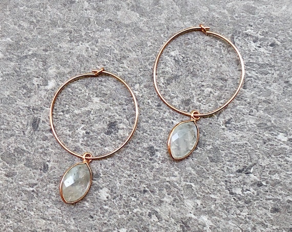 Dainty 14K Rose Gold Rainbow Moonstone Crystal Hoop Earrings