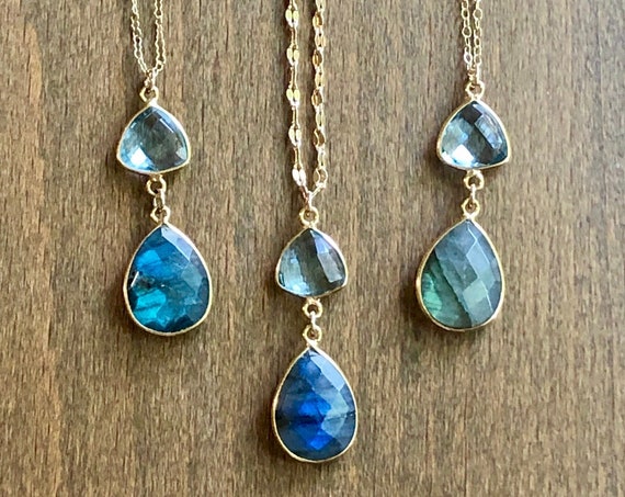 Labradorite Topaz Gemstone Stack 14K Gold Necklace