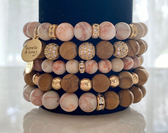 Matte Pink Jaser Natural Bead Bracelet Stack