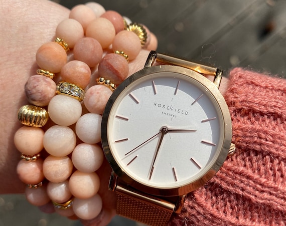 Nautral Stone Adventurine Matte Pink Gold Bracelet Stack