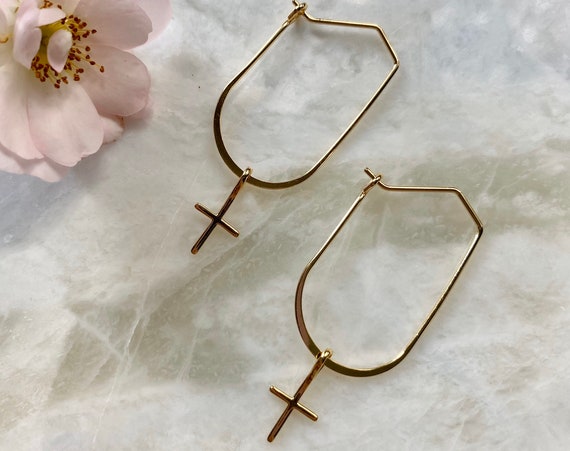 Gold Cross Hoop Earrings/ Gold Cross Earrings/ Hoop Earrings/ Boho Hoop Cross Earrings/ Boho Gold Earrings/ Cross Threader Earrings