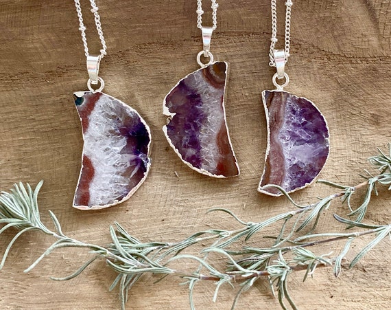 Raw Amethyst Slice Silver Moon Necklace