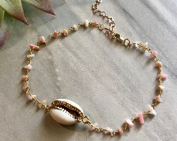 Gold Cowrie Shell Pink Opal Chip Chain Anklet