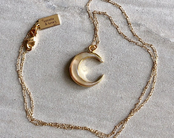 Carved Shell Crescent Moon 14K Gold Boho Necklace