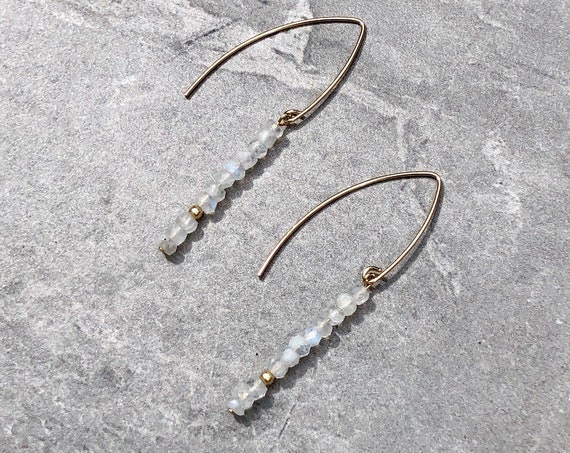 Rainbow Moonstone Crystal 14K Gold Marquis Earrings