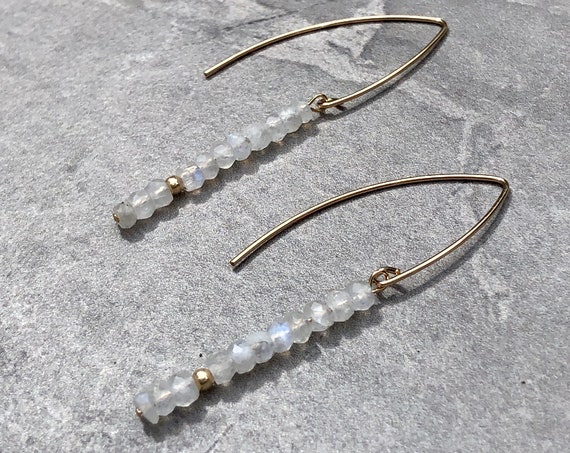 Rainbow Moonstone Crystal 14K Gold Marquis Earrings