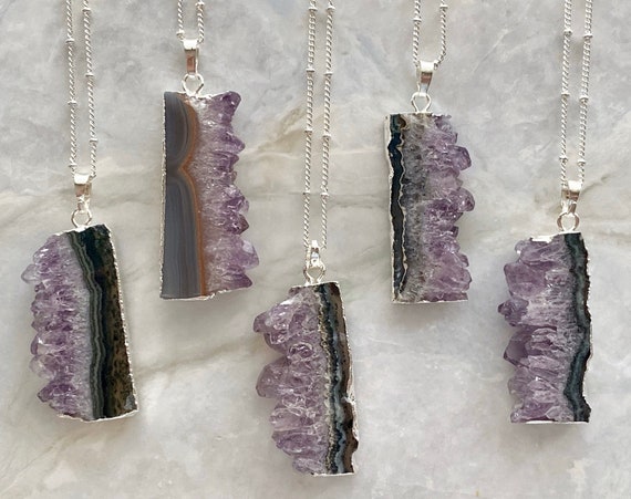 Raw Amethyst Slice Sterling Silver Boho Necklace