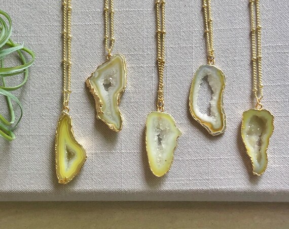 Lemon Geode Crystal Slice Pendant Necklace