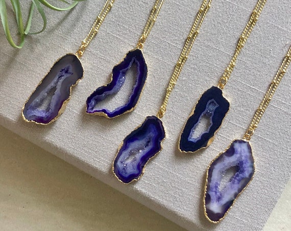Purple Geode Crystal Slice Pendant Necklace