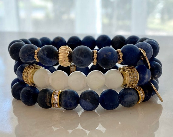 Sodalite Matte Blue Gold Bead Bracelet Stack