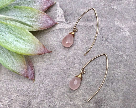 Dainty Teardrop Rose Quartz Crystal 14K Gold Filled Marquis Earrings