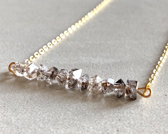 Raw Herkimer Diamond 14K Gold Crystal Bar Necklace