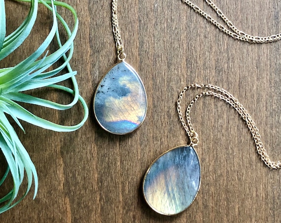 Brilliant Labradorite Crystal 14K Gold Necklace