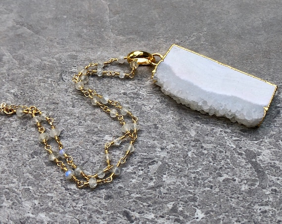 Raw Stalactite Crystal Slice 14K Gold Rainbow Moonstone Rosary Chain Necklace