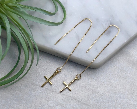 Dainty Gold Cross Boho Threader Earrings