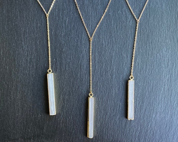 Selenite Crystal 14K Gold Lariat Necklace