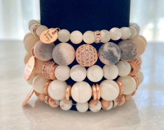 Matte Pink Jade Rose Gold Pave Crystal Bracelet Stack